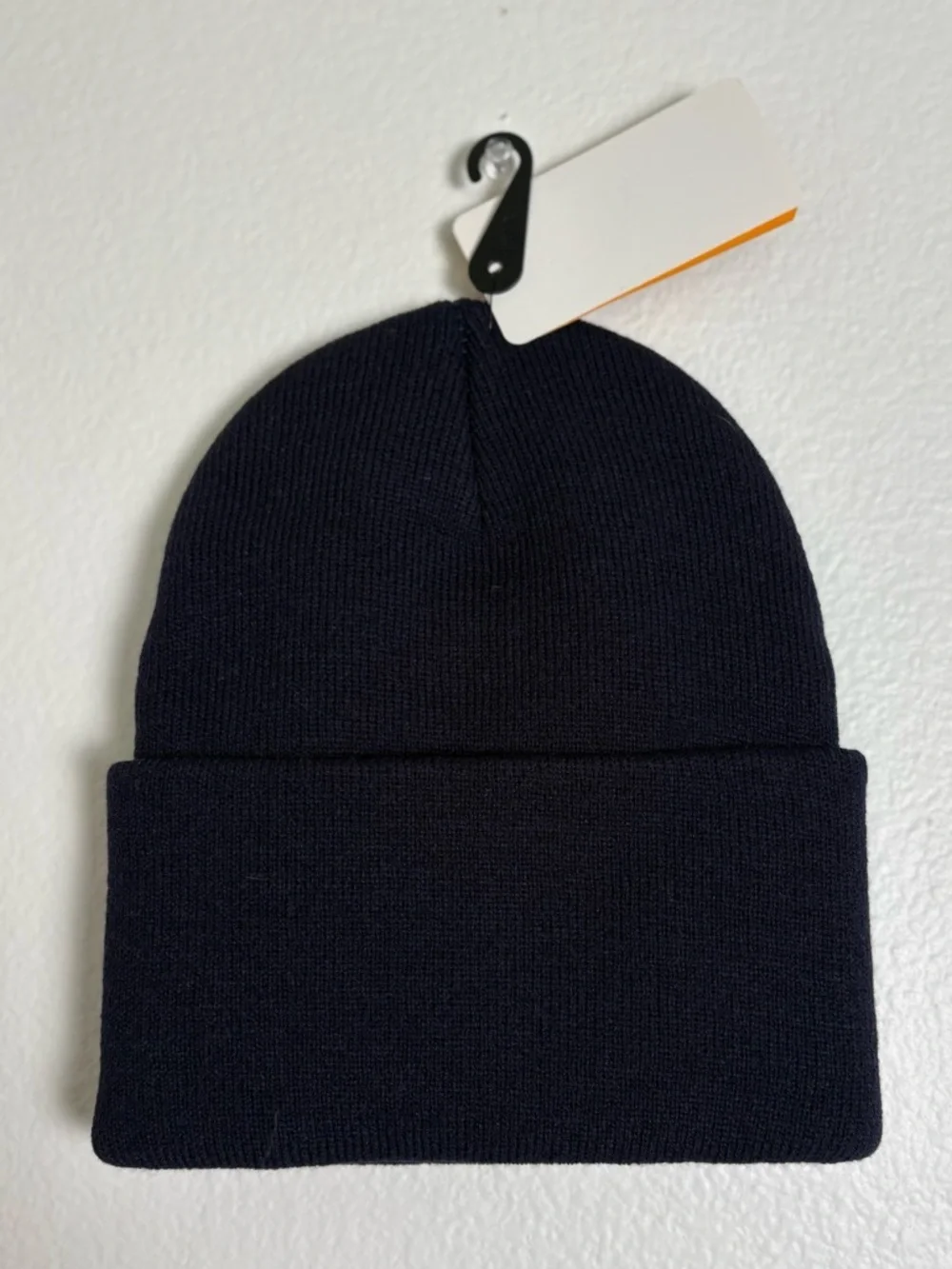 Carhartt Navy Knit Beanie with Orange Logo Tag